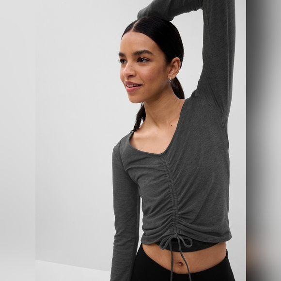 GAP Tops - GapFit Brushed Jersey Cropped Cinch T-Shirt Crop V-Neck Gray Long Sleeve top xxl